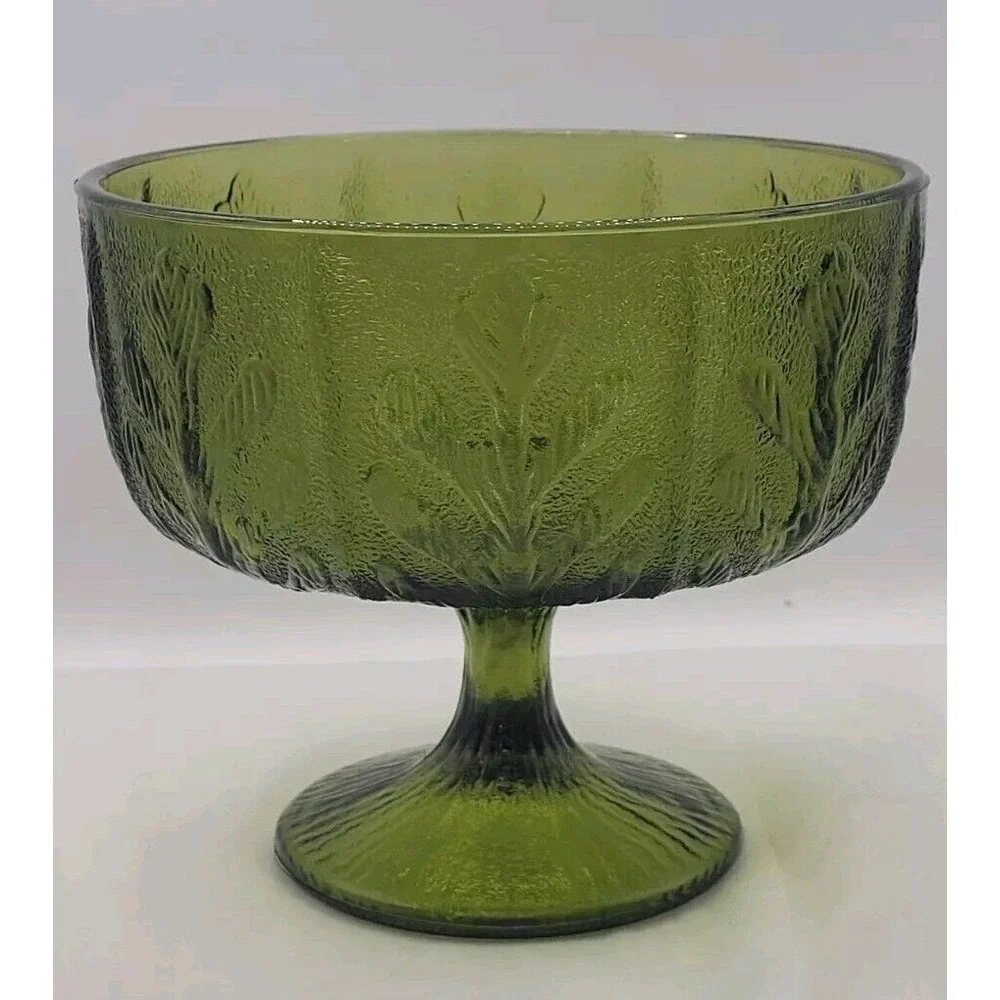 Vintage‎ FTD Avacado Green Glass Footed Dish Oak Leaf Pattern
